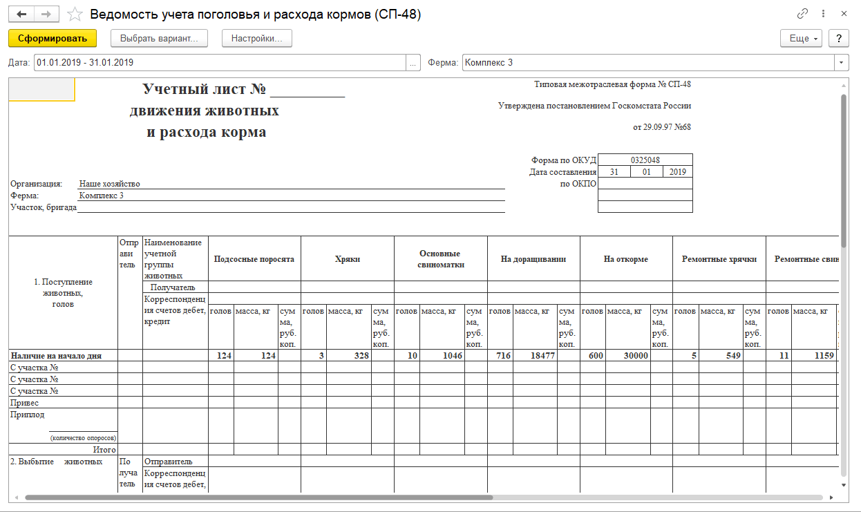 7.4. Формирование Аналитической отчетности :: 1С:Селекция в животноводстве.  Свиноводство