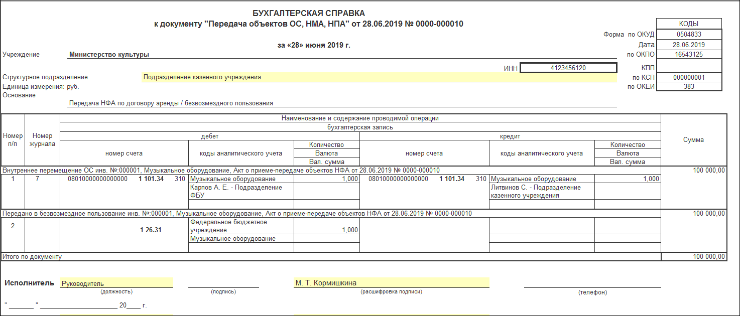 Передача основного средства в безвозмездное пользование [1С:БГУ8 2.0] ::  Справочник по 1С:БГУ 8 для казенных учреждений