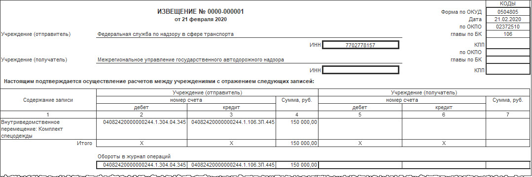 Извещение ф 0504805 для бюджетных учреждений образец заполнения в 1с