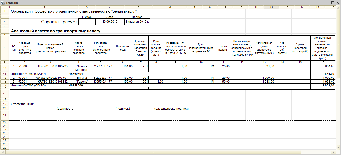 Расчет и начисление авансовых платежей по транспортному налогу [1С:БП 2.0]  :: Транспортный налог в 1С