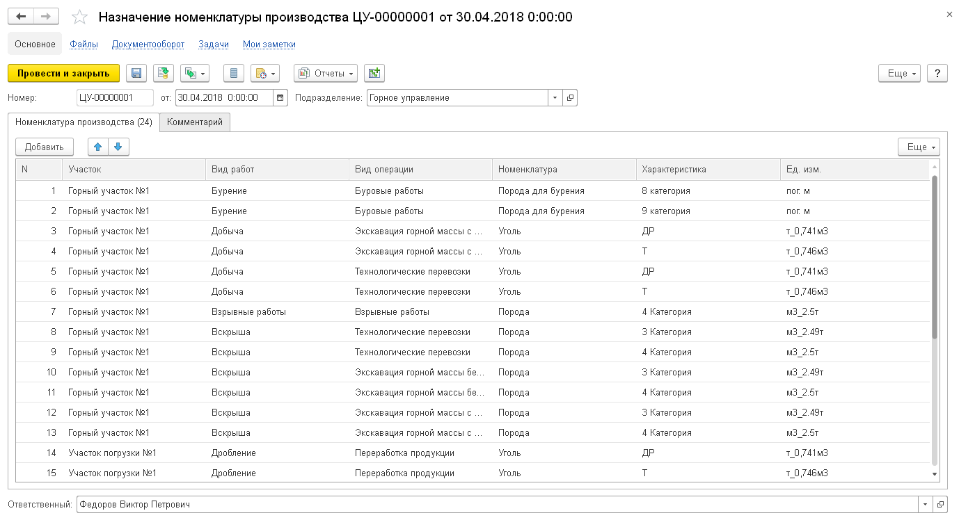 3.1.6. Номенклатура производства :: 1С:Предприятие 8 Конфигурация  «Горнодобывающая промышленность 2. Оперативный учет» Руководство  пользователя. Часть 1