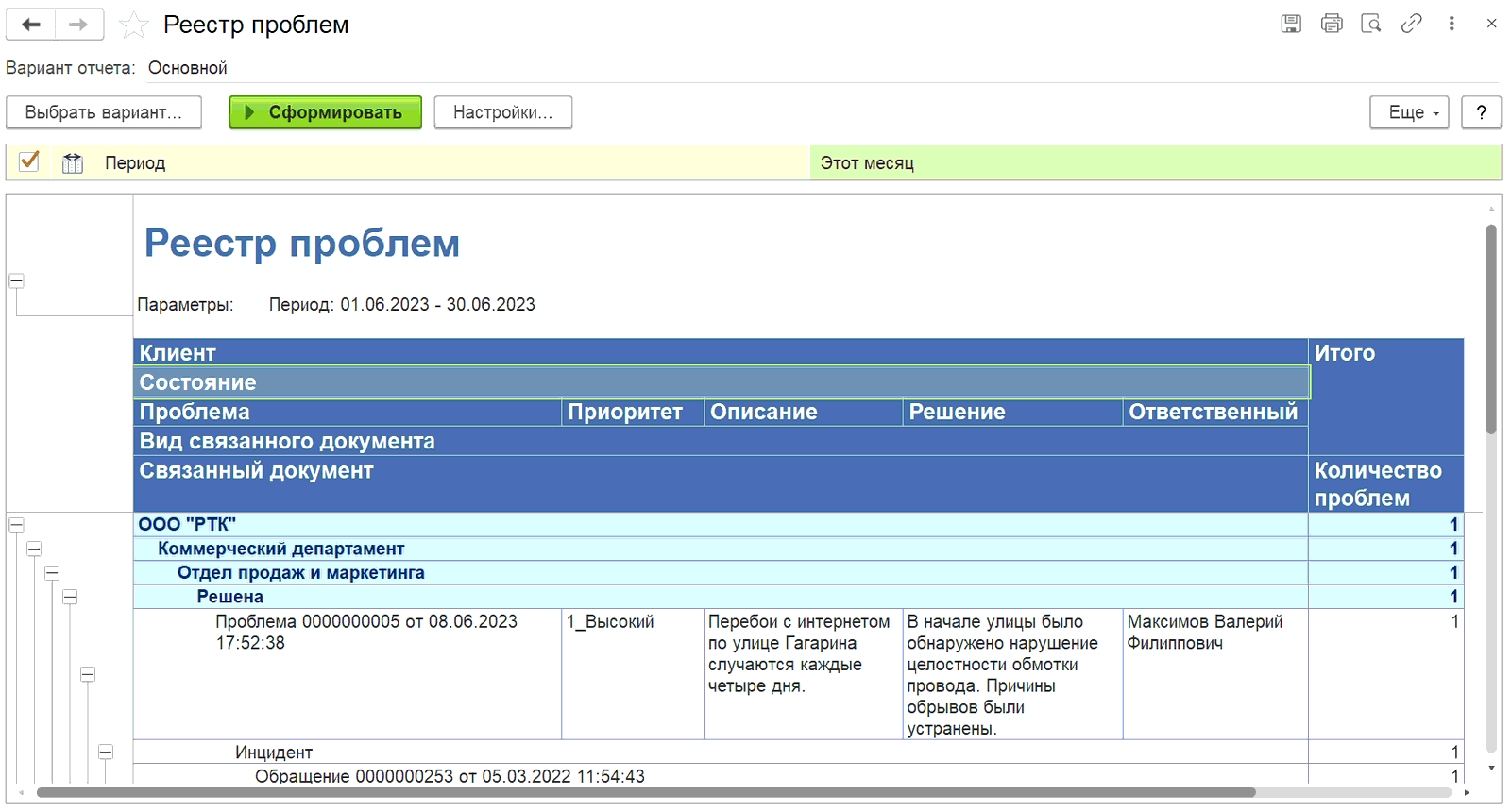 4.6.4. Отчет «Реестр проблем» :: 1С:Предприятие 8. Конфигурация «ITILIUM».  Руководство пользователя