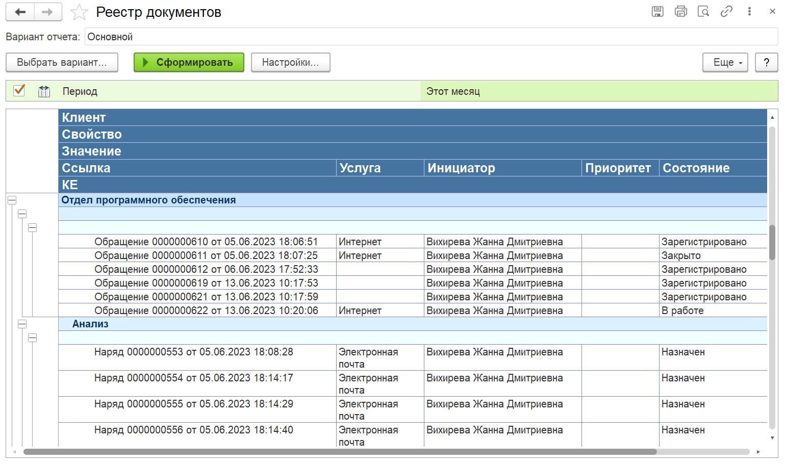 4.14.5. Отчет «Реестр документов» :: 1С:Предприятие 8. Конфигурация  «ITILIUM». Руководство пользователя