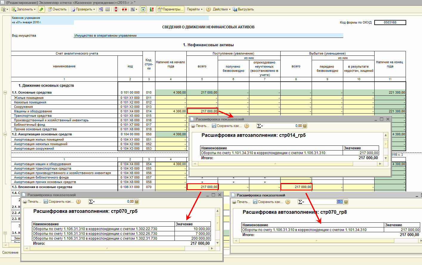 Формирование фактической стоимости ОС по нескольким КБК, принятие к учету  на один КБК :: Бухгалтерия государственного учреждения в вопросах и ответах  :: Методическая поддержка 1С:Предприятия для государственных учреждений.  1С:Предприятие 8