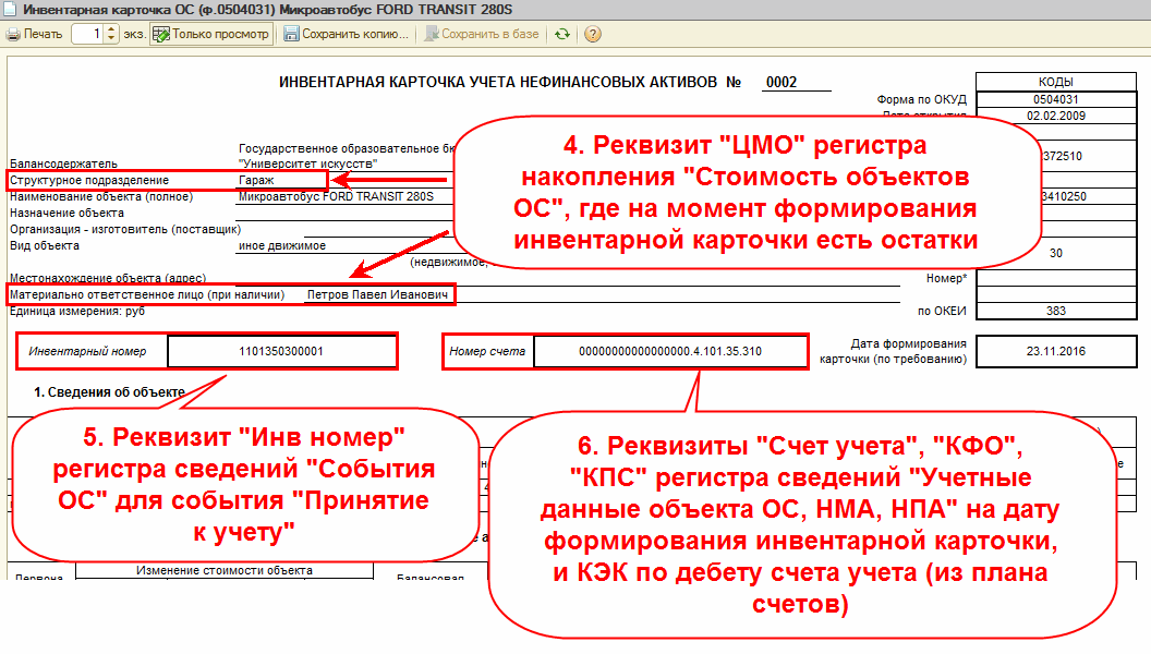 Назначение кресла офисного в инвентарной карточке