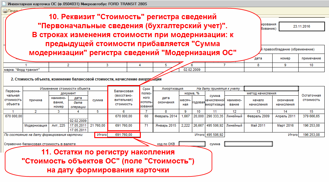 Образец заполнения инвентарной карточки учета основных средств 0504031