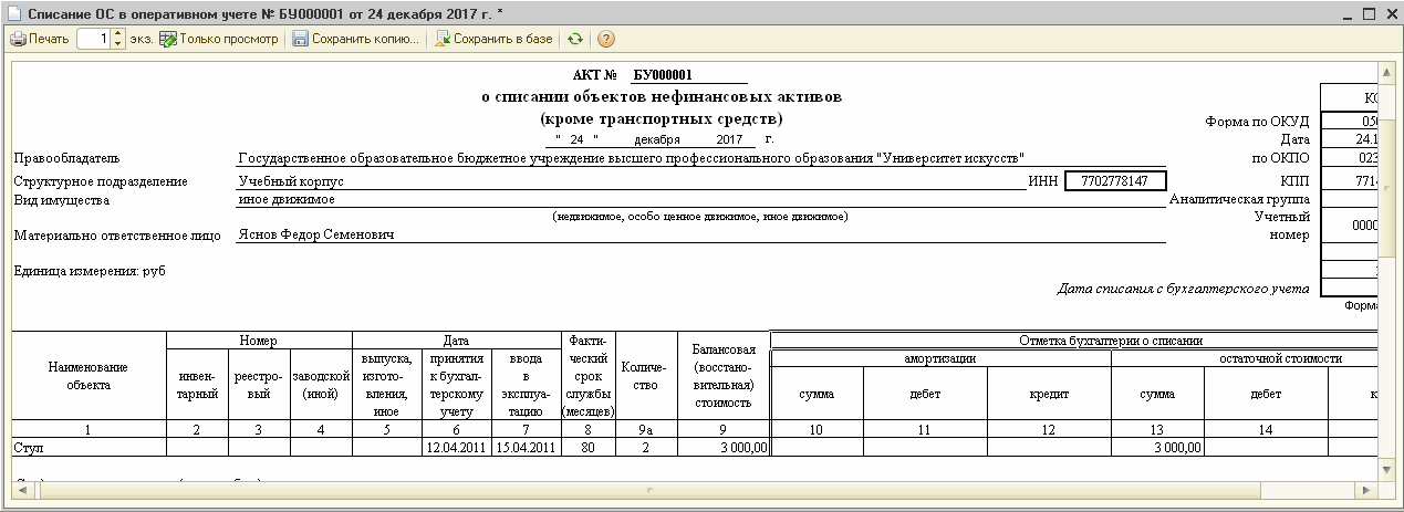 Оформление Акта (Ф. 0504104) О Списании Объектов Нефинансовых.