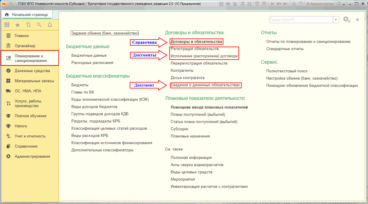 Учет принятых обязательств, денежных обязательств :: Планирование и  санкционирование :: Методическая поддержка 1С:Предприятия для  государственных учреждений. 1С:Предприятие 8