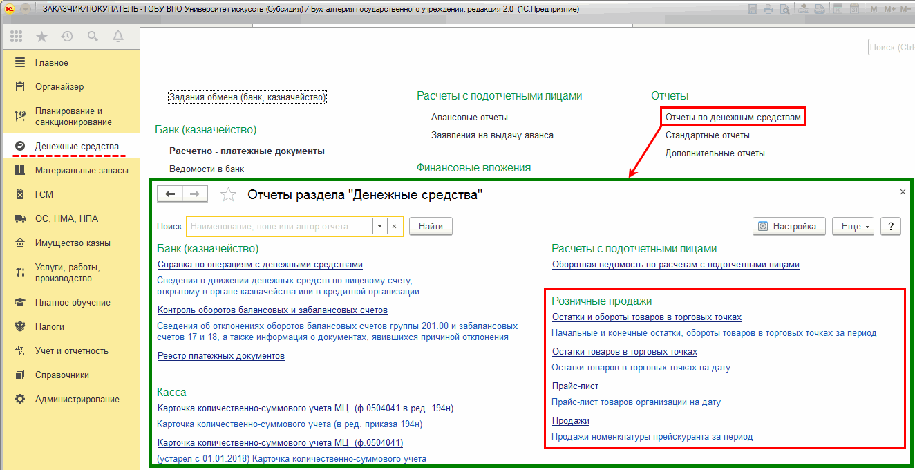 Формирование отчетов по розничным продажам :: Учет розничных продаж ::  Методическая поддержка 1С:Предприятия для государственных учреждений.  1С:Предприятие 8