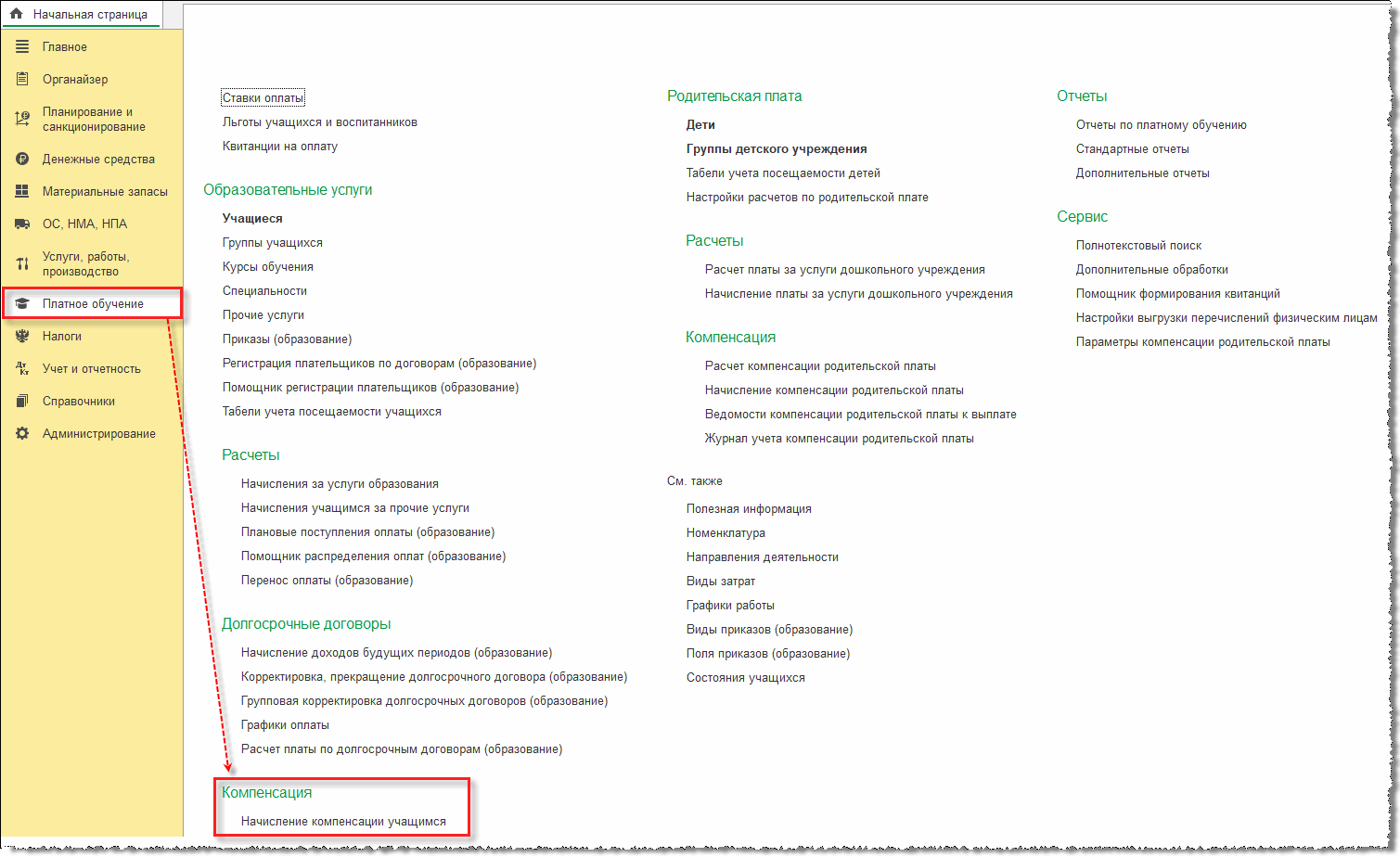 Учет расчетов по выплате компенсации учащимся :: Учет расчетов с учащимися  :: Методическая поддержка 1С:Предприятия для государственных учреждений.  1С:Предприятие 8