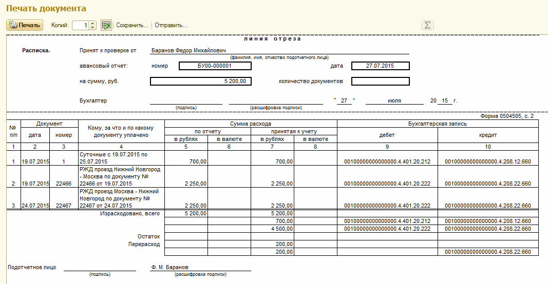 Отражение Бухгалтерских Записей В Печатной Форме Авансового Отчета.