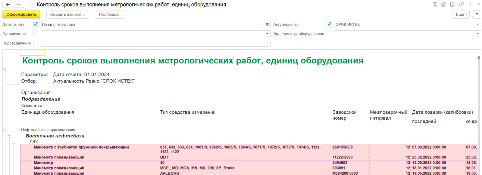 8.5. Контроль сроков выполнения работ, единиц оборудования ::  1С:Предприятие 8. Конфигурация «Метрологическая служба». Руководство  пользователя