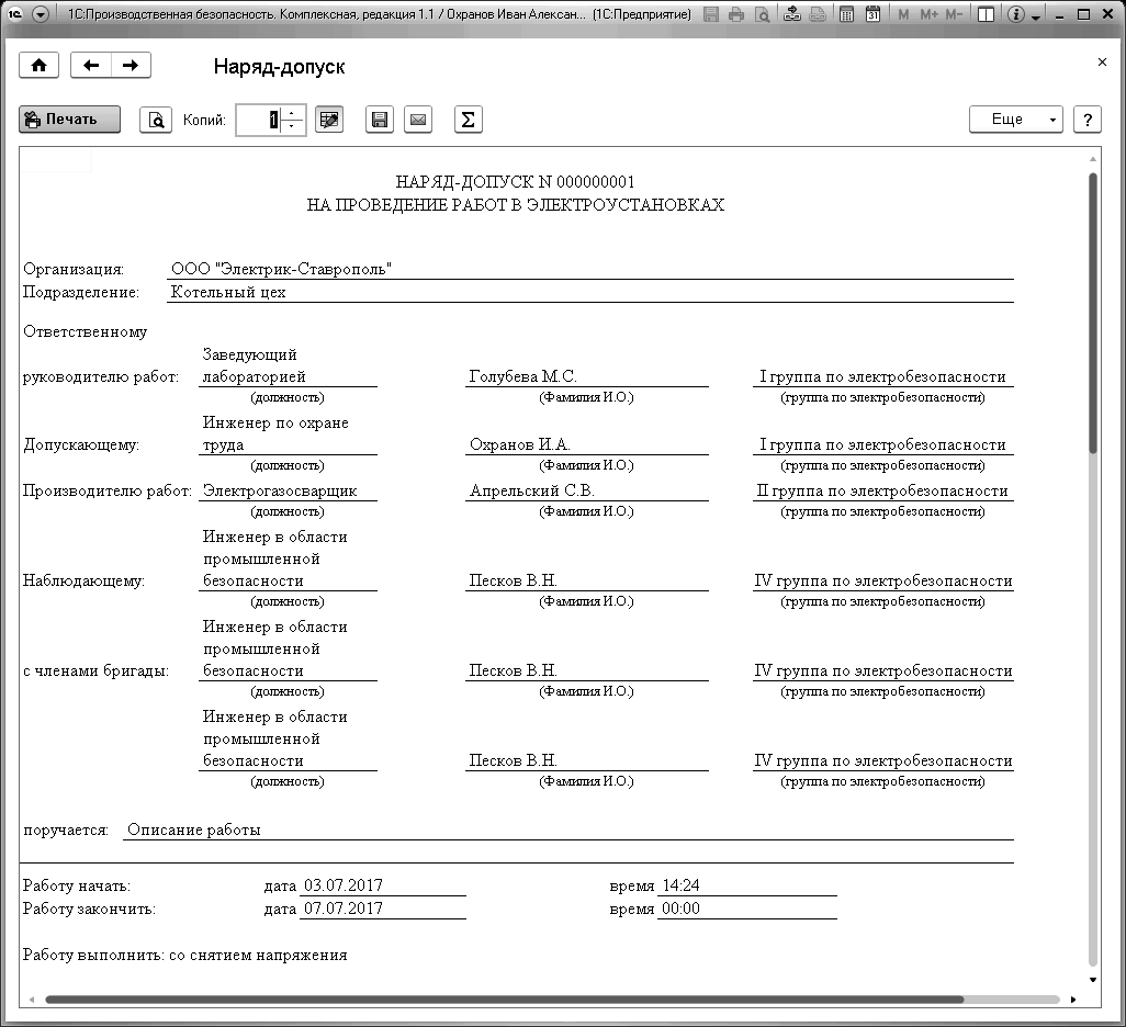 7.3 Учет нарядов-допусков в электроэнергетике :: Глава 7. Наряды-допуски ::  1С:Производственная безопасность. Охрана труда