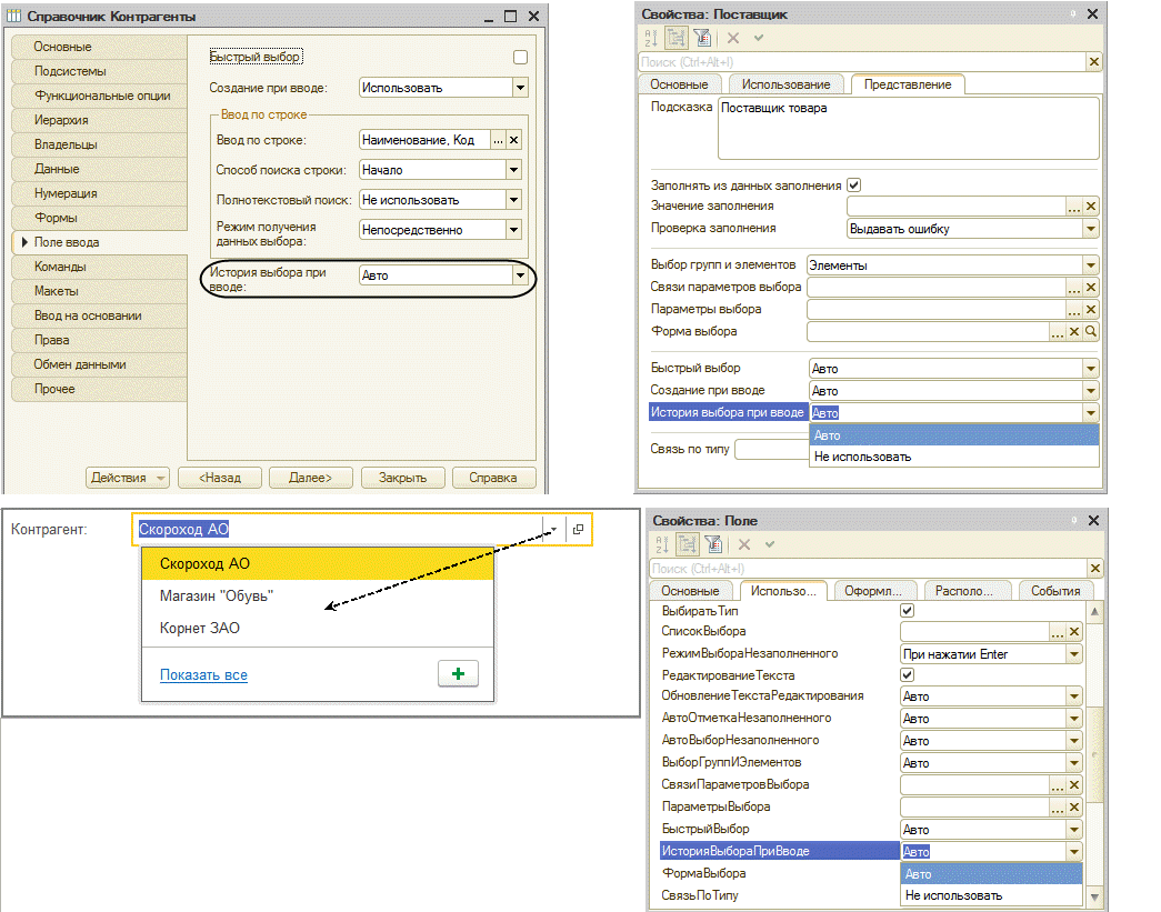 История выбора при вводе :: Интерфейсные свойства реквизитов объектов  конфигурации :: Разработка интерфейса прикладных решений на платформе 