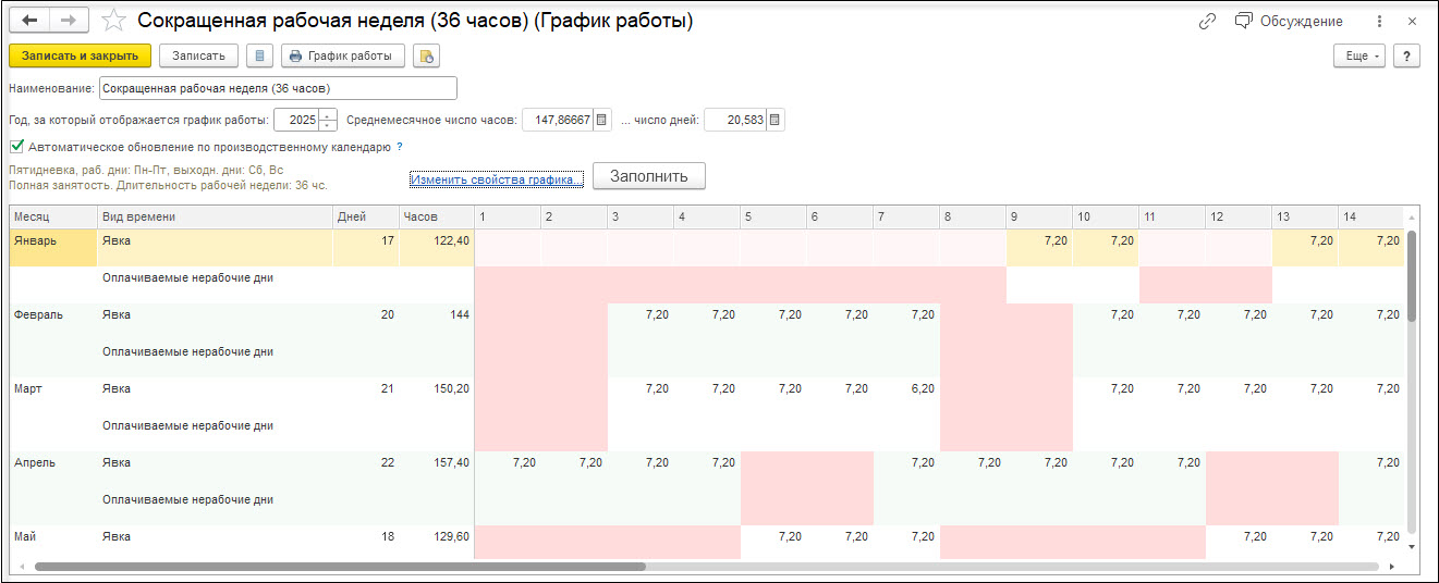 Графики работы для сокращенной продолжительности рабочего времени [1С:ЗКГУ  3] :: Кадровый учет и расчеты с персоналом в программах «1С» госсектора