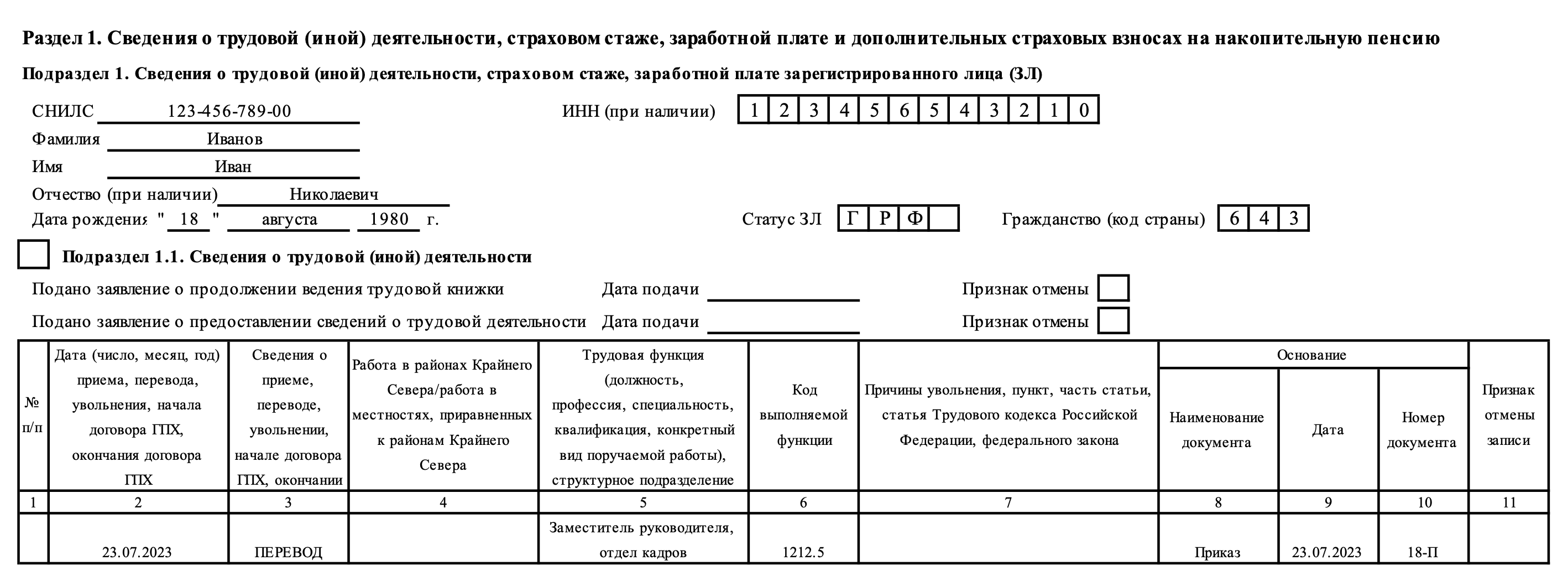 Заполнение ЕФС-1 при переводе работника на другую постоянную работу ::  Отчетность по страховым взносам и персонифицированному учету