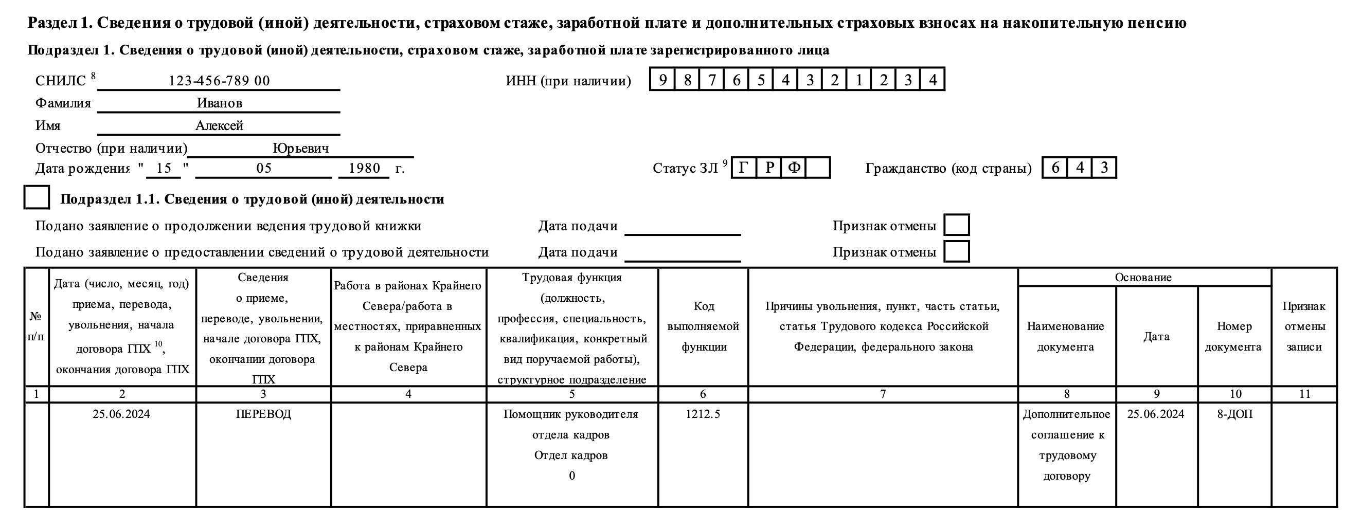 Заполнение Сведений о трудовой (иной) деятельности при переводе совместителя  на основную работу без увольнения :: Отчетность по страховым взносам и  персонифицированному учету