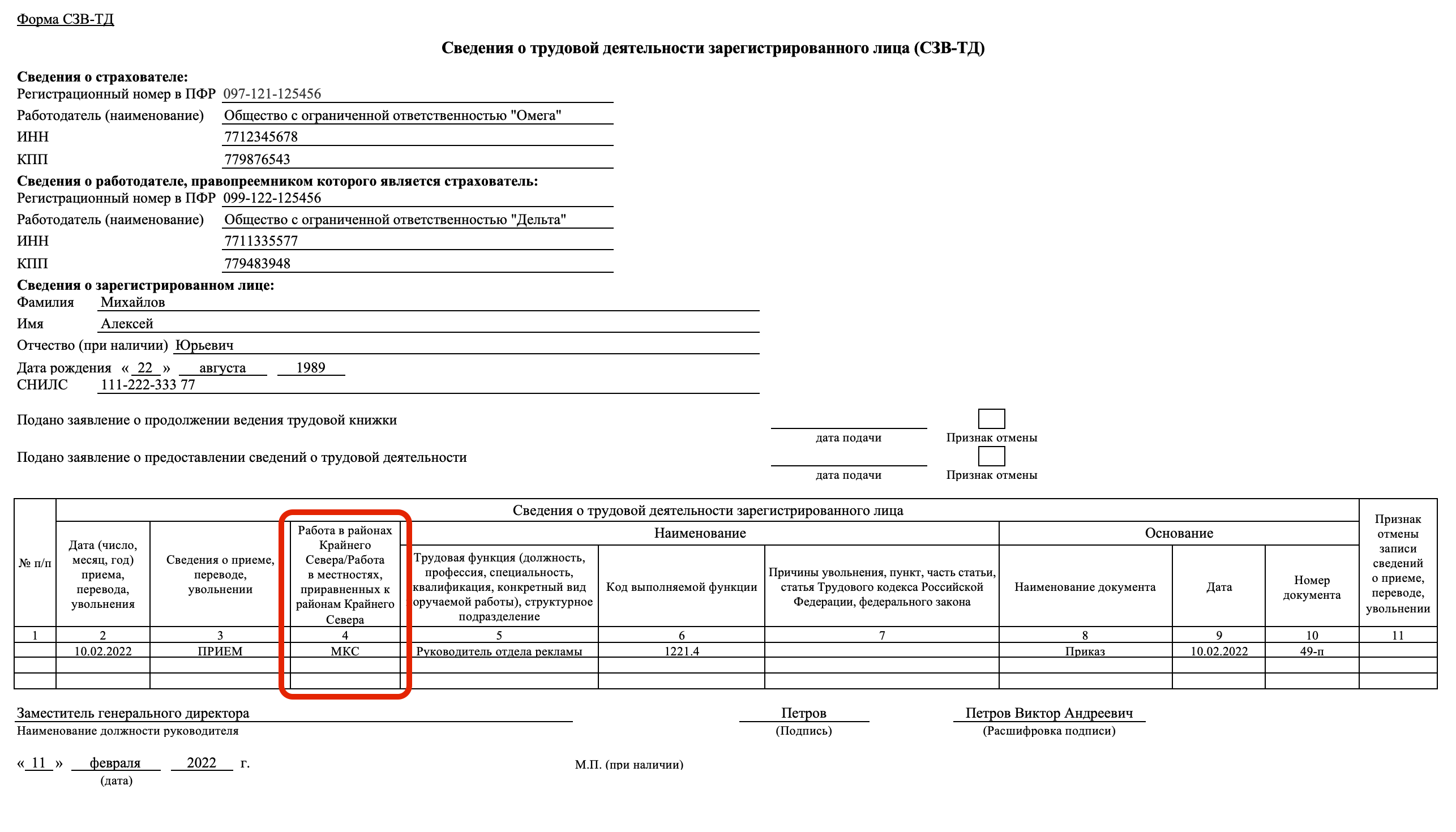 Порядок заполнения формы СЗВ-ТД :: Отчетность по страховым взносам и  персонифицированному учету