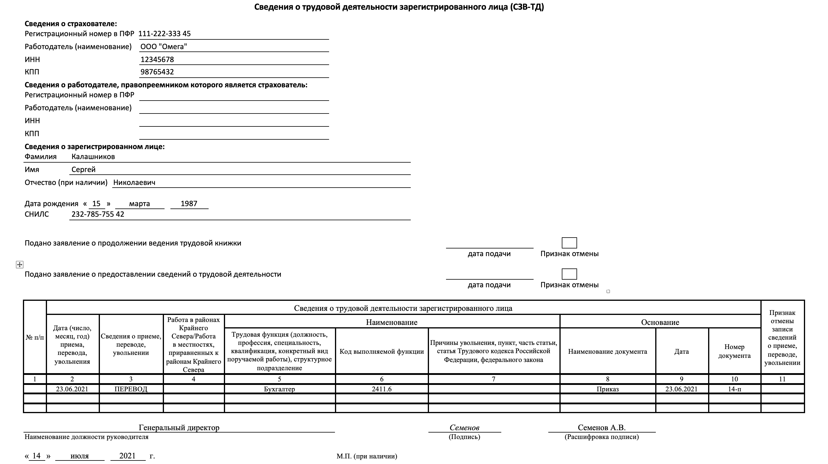 Заполнение СЗВ-ТД при переводе работника на другую постоянную работу ::  Отчетность по страховым взносам и персонифицированному учету