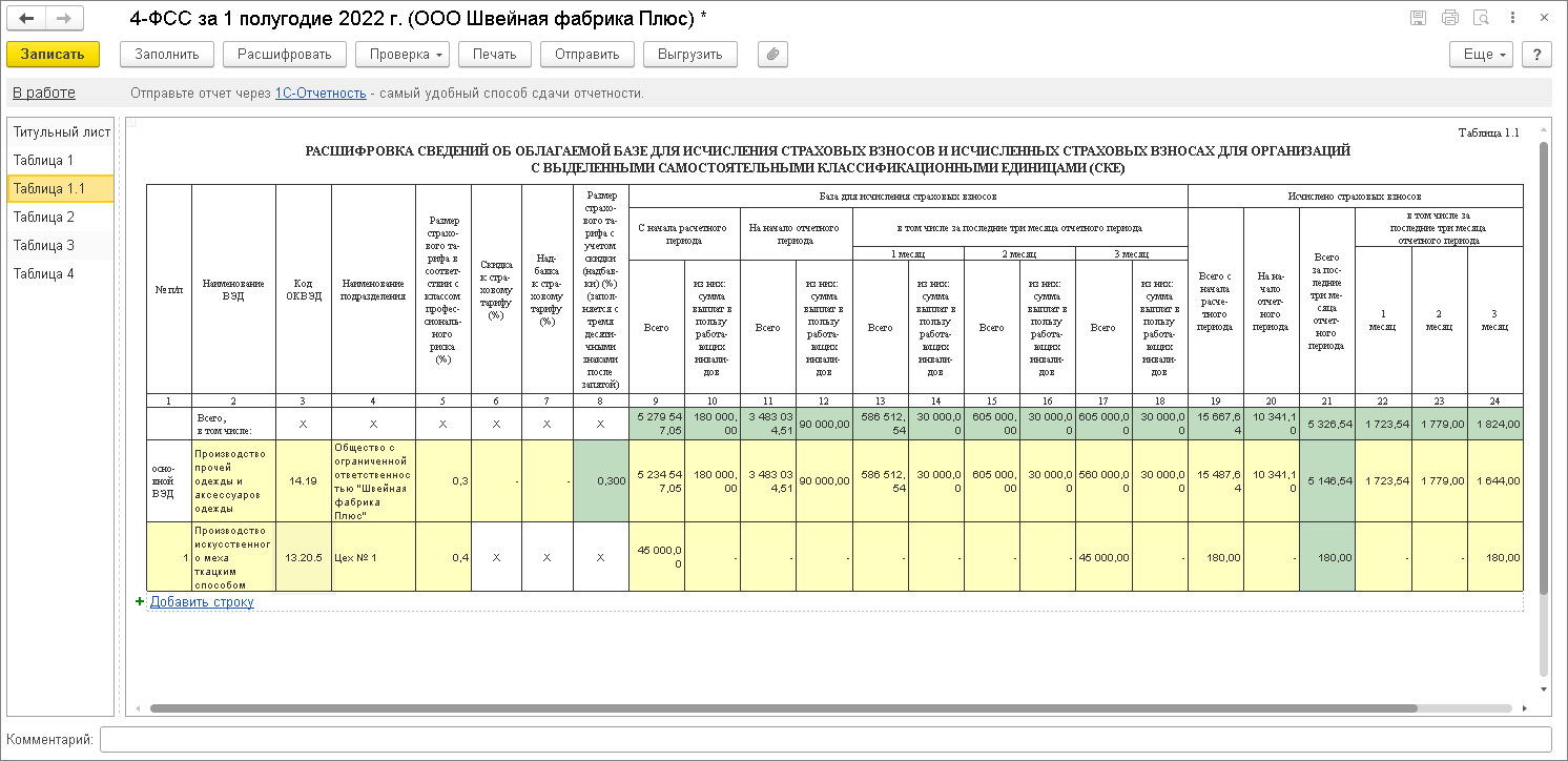 Таблица 1.1 [1С:ЗУП 3] :: Расчет по форме 4-ФСС за полугодие 2022 года ::  Отчетность по страховым взносам и персонифицированному учету