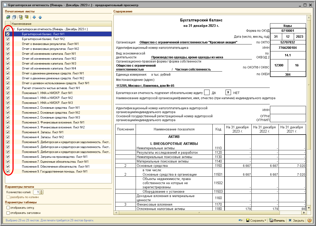 Печать отчетности [1С:БП 2.0] :: Составление бухгалтерской (финансовой)  отчетности за 2023 год :: Бухгалтерская отчетность
